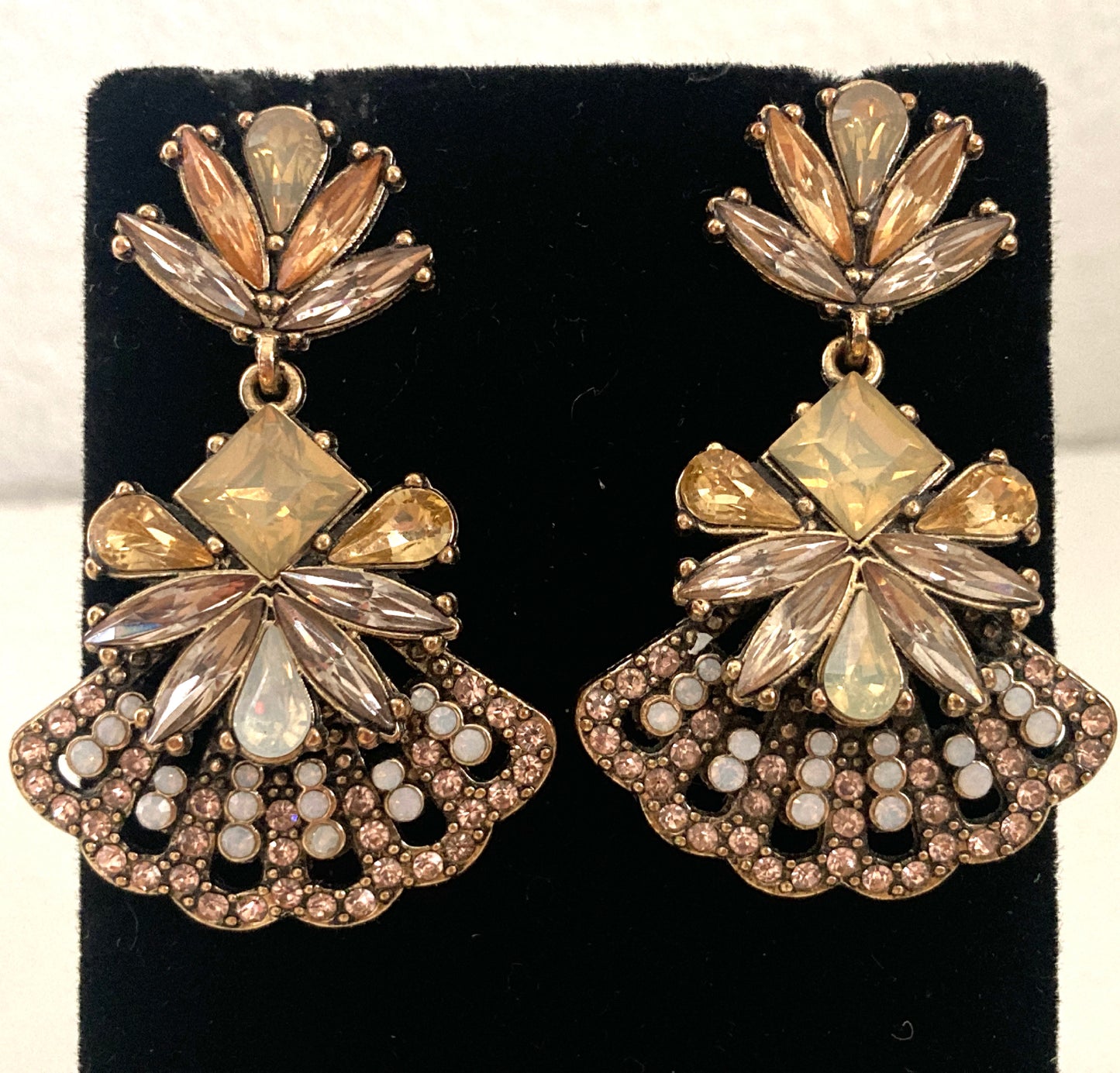 Big Bold Rhinestone Earrings Light Amber and Cream