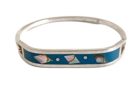 Turquoise and Abalone Alpaca Bracelet Hinged Oval