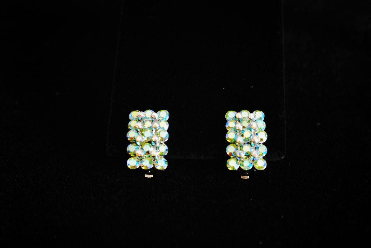 Blue Green Crystal AB Rhinestone & Rhodium Earrings