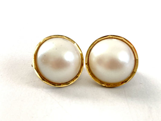 Large Half Round Pearl Button Earrings