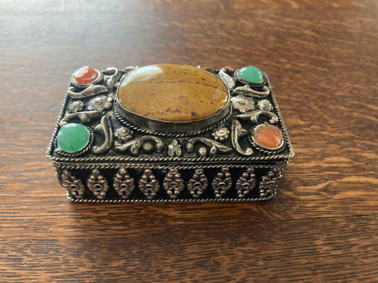 Tibetan Silver Filigree Gemstone Trinket Box