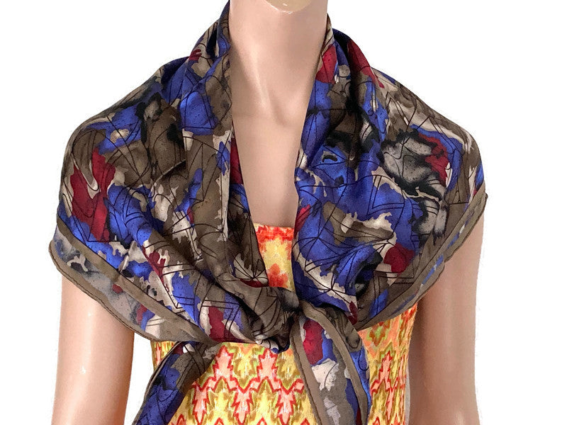 Vintage Ginnie Johansen Silk Scarf Brown Multi Color