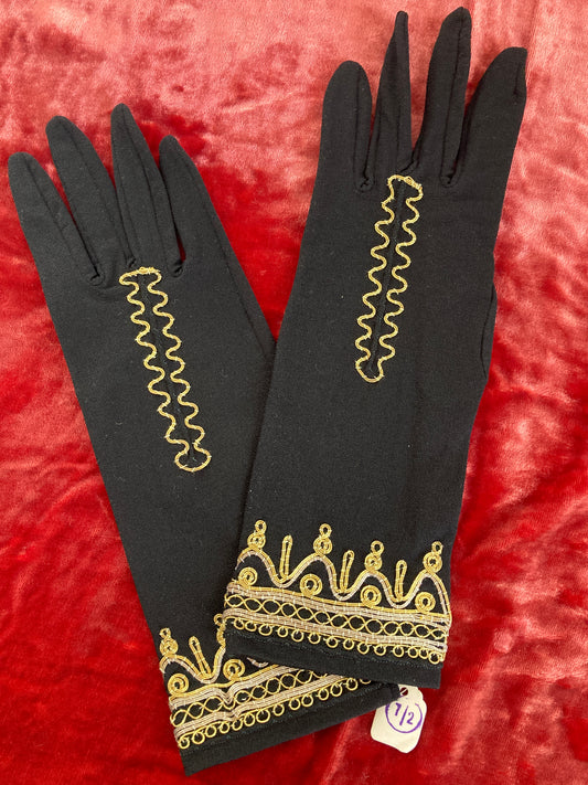 Vintage NOS Black Yemenite Embroidered Ladies Gloves Size 7 1/2