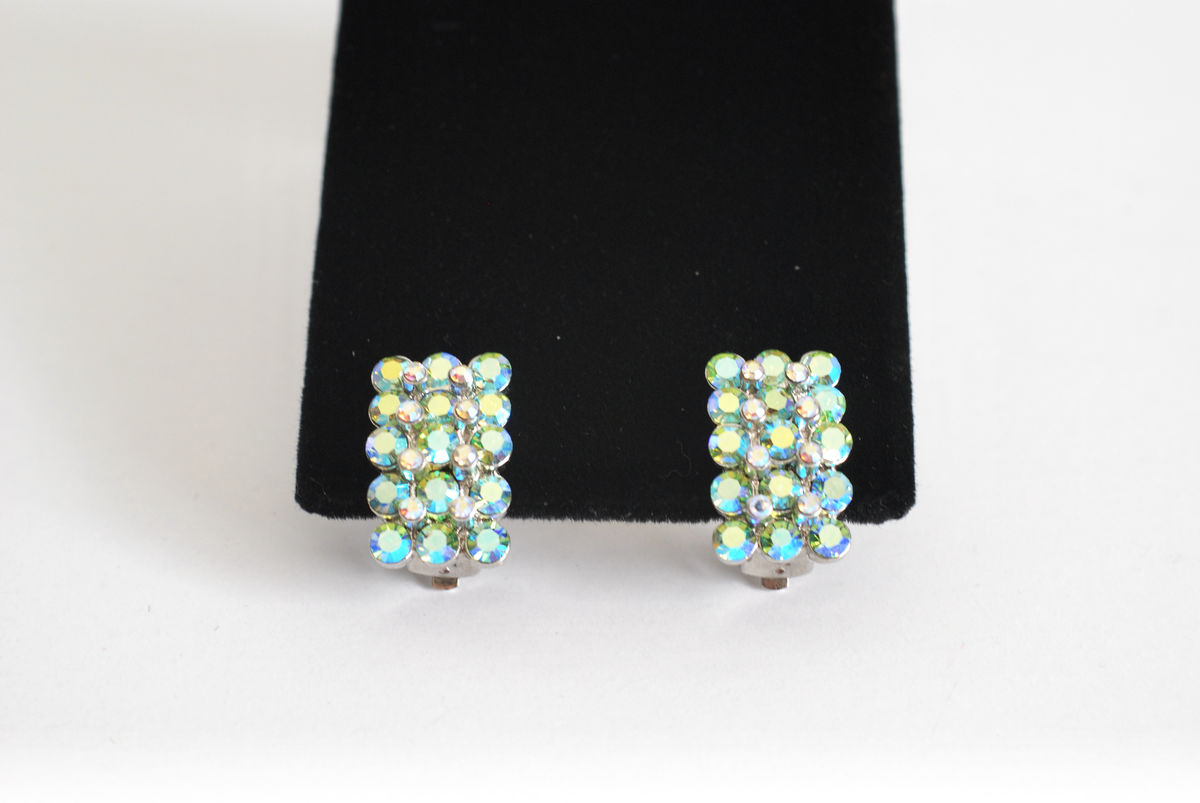 Blue Green Crystal AB Rhinestone & Rhodium Earrings