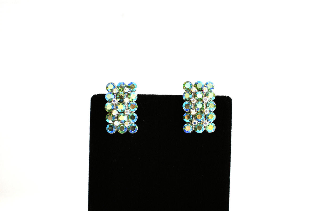 Blue Green Crystal AB Rhinestone & Rhodium Earrings