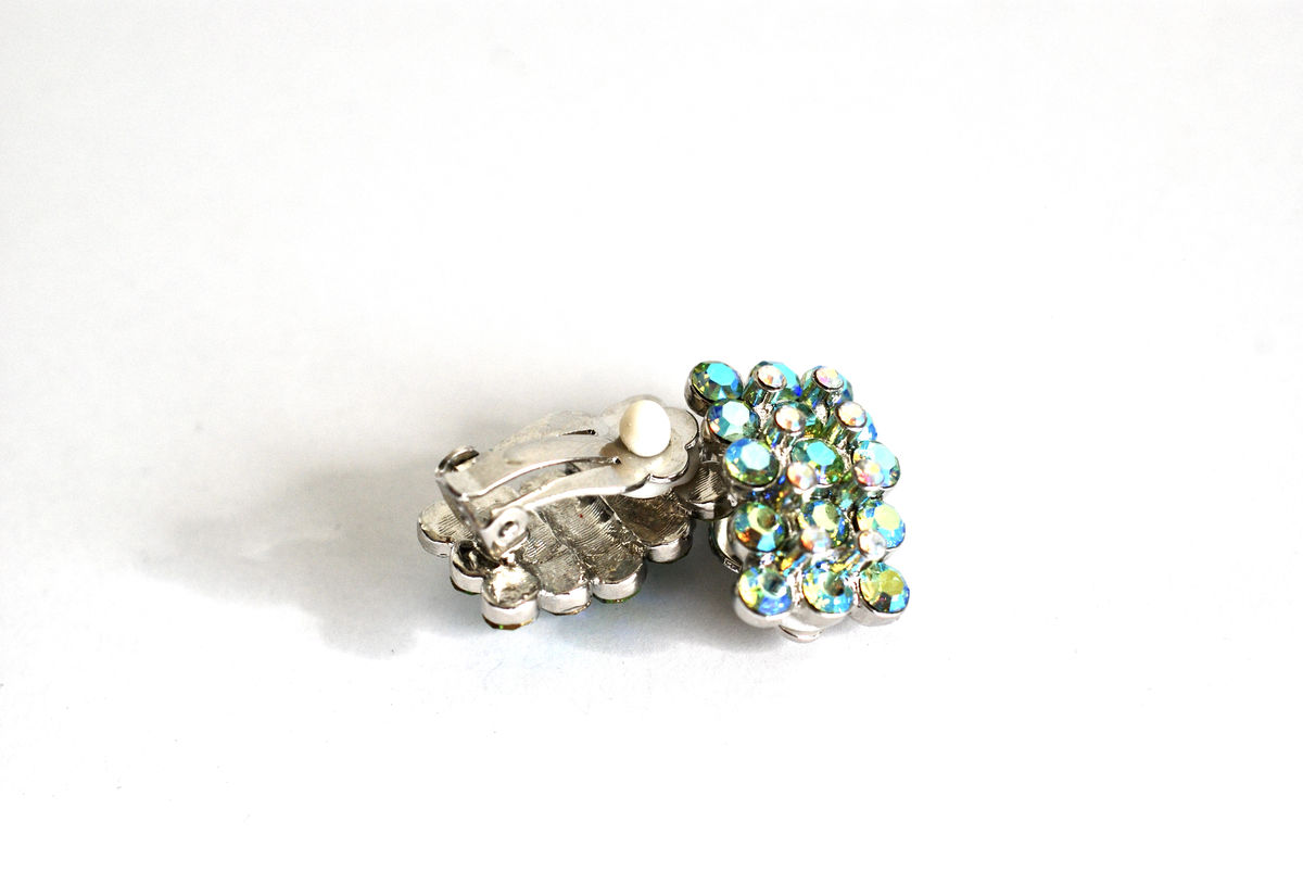 Blue Green Crystal AB Rhinestone & Rhodium Earrings