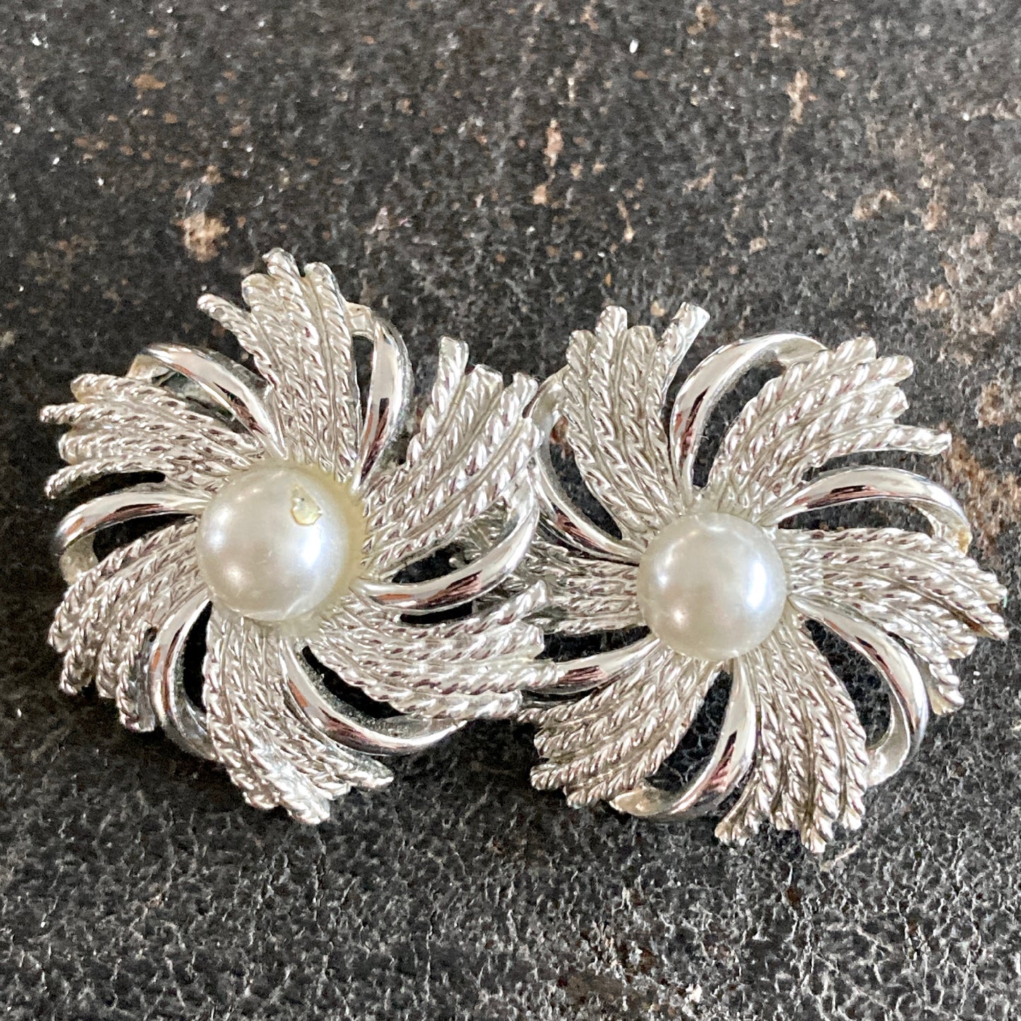 Silver Swirl Earrings w/Pearl Centers Sarah Coventry