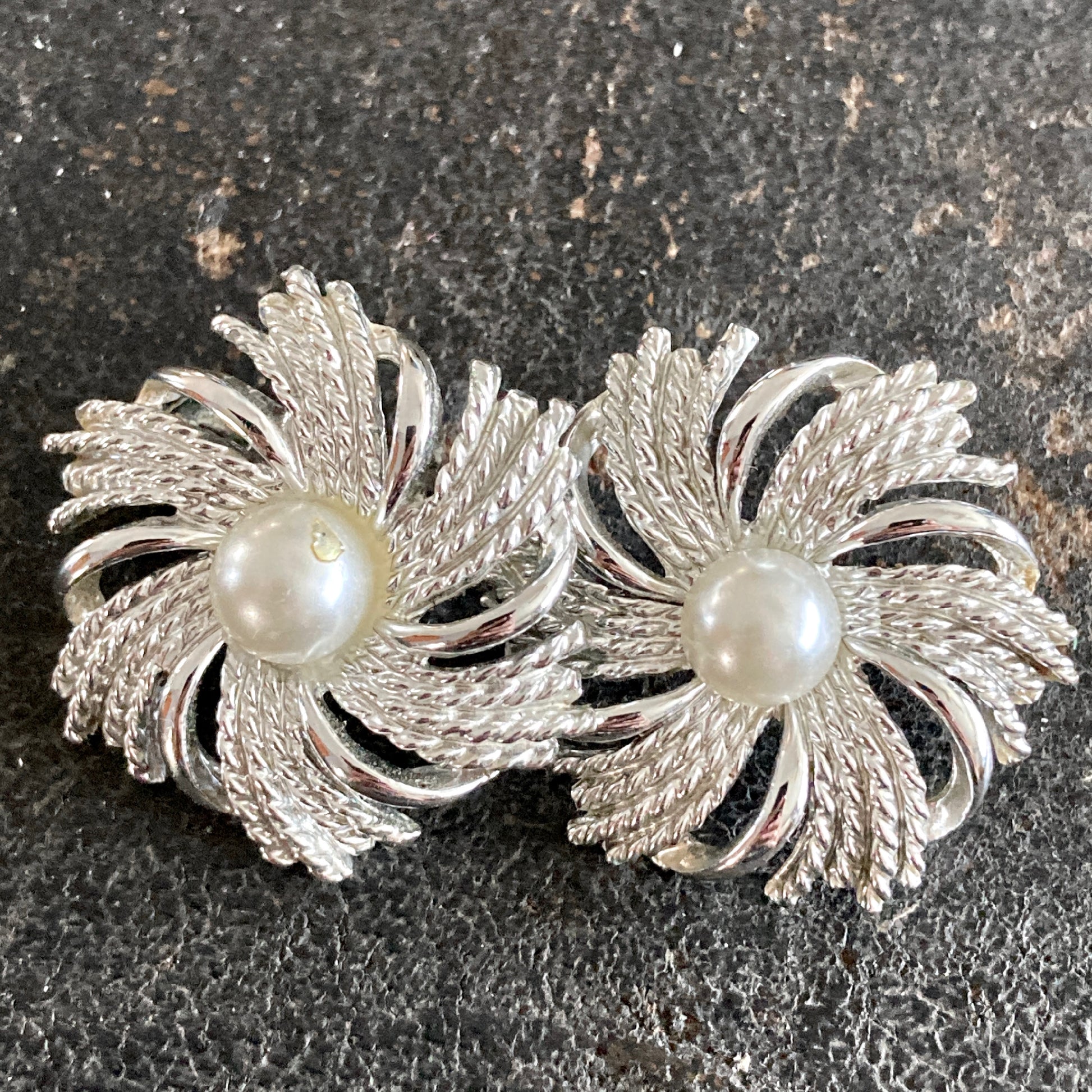 Silver Swirl Earrings w/Pearl Centers Sarah Coventry