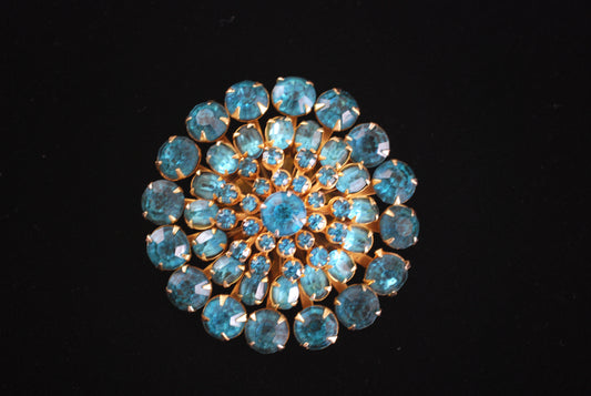Vintage Aqua Rhinestone Starburst Dome Brooch