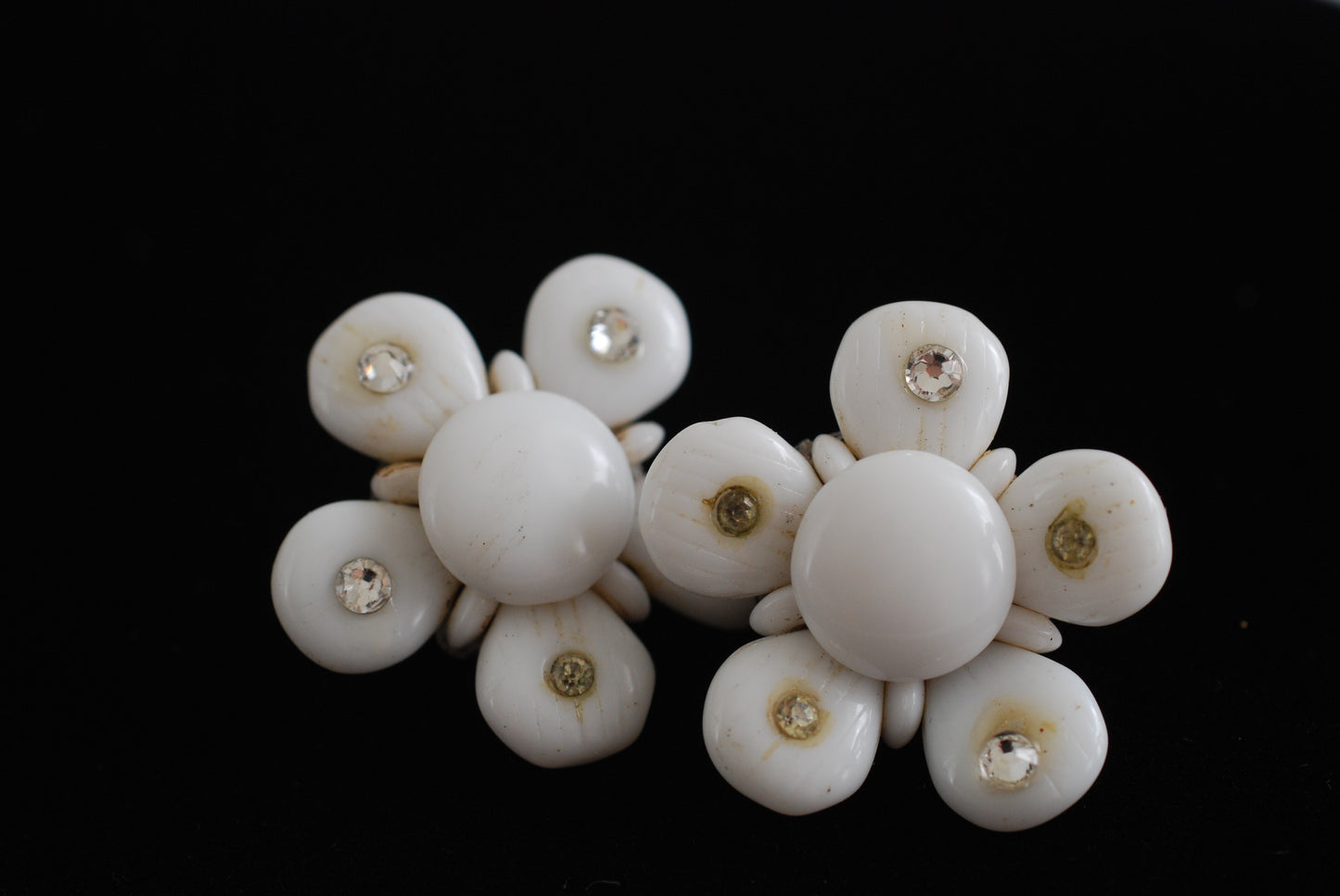 Milk Glass Flower Earrings Made in West Germany