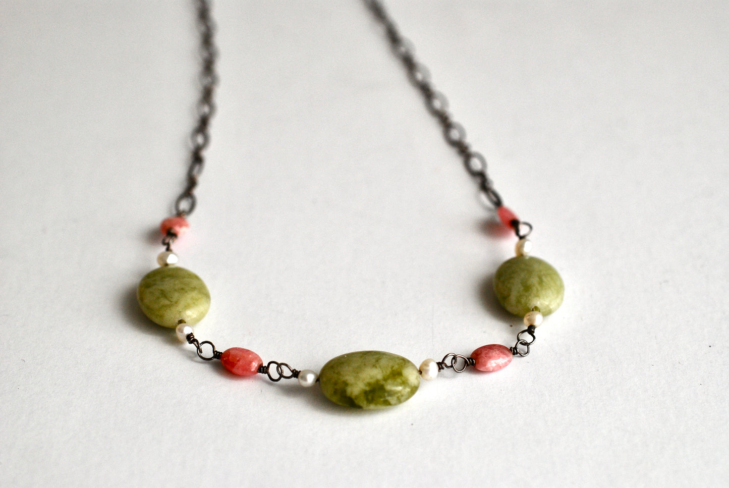 Pink and Moss Agate Necklace Sterling Chain