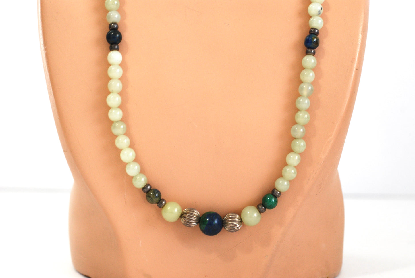 Jadeite Bead Necklace with Malachite, Azurite, and Silver
