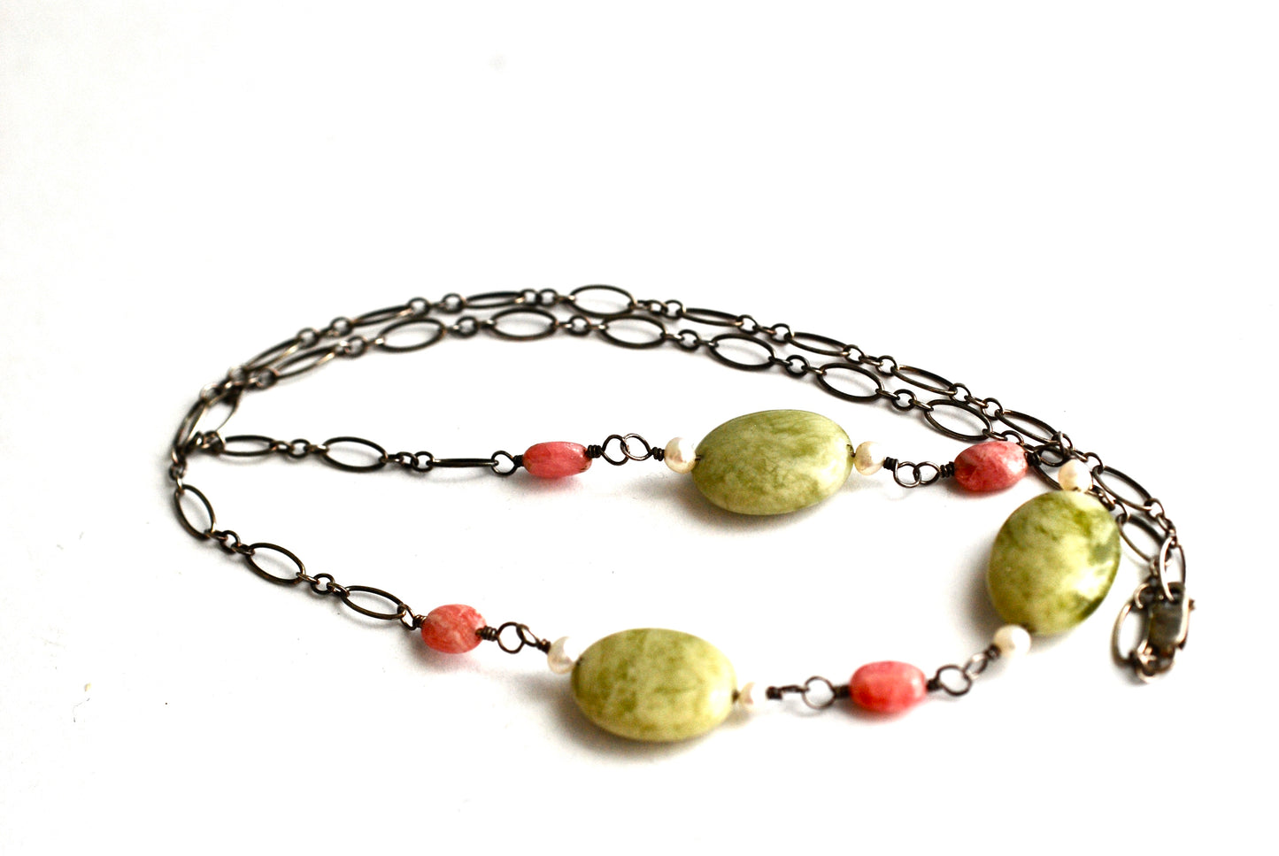 Pink and Moss Agate Necklace Sterling Chain