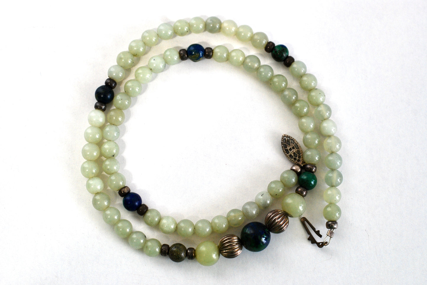 Jadeite Bead Necklace with Malachite, Azurite, and Silver