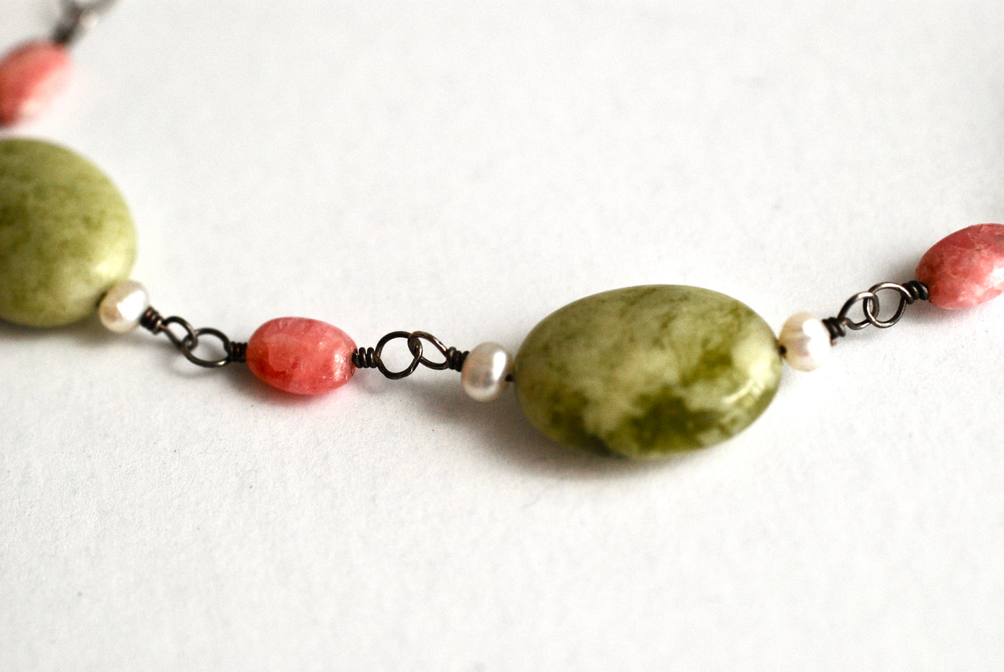 Pink and Moss Agate Necklace Sterling Chain