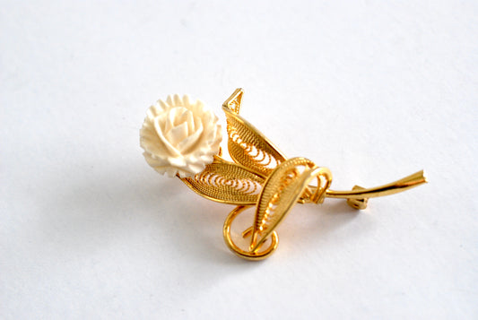 Carved Bone Flower Brooch with Gold Filigree Leaves