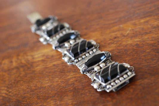 Black Onyx and Silver Mexico Large Panel Bracelet