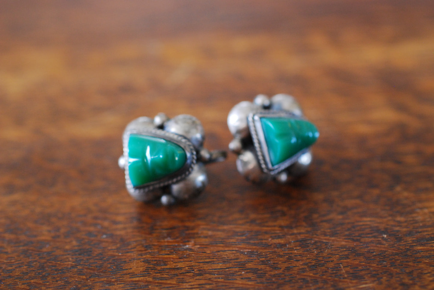 Silver and Green Onyx Warrior Face Earrings Mexico