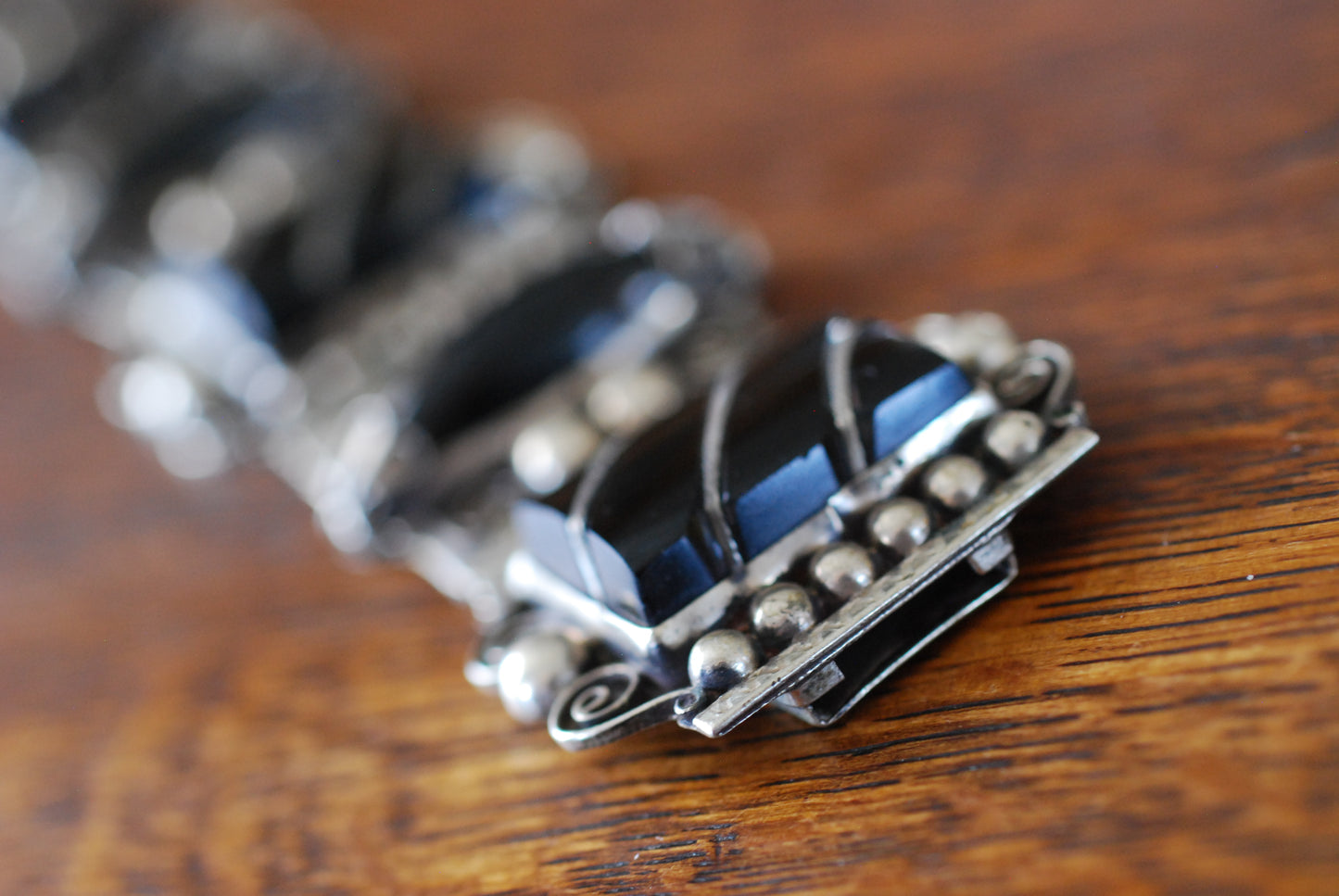 Black Onyx and Silver Mexico Large Panel Bracelet