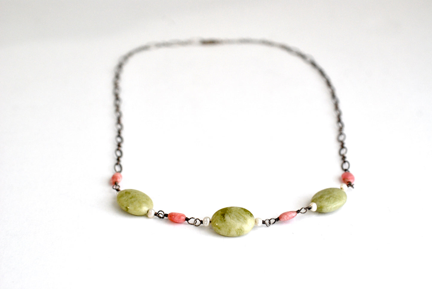 Pink and Moss Agate Necklace Sterling Chain