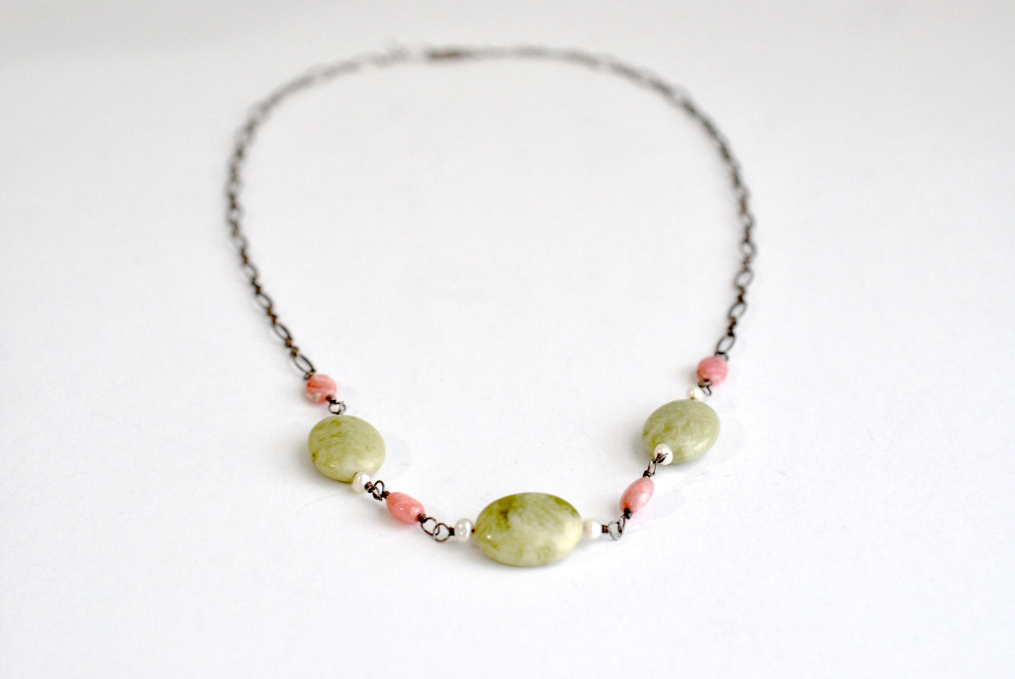Pink and Moss Agate Necklace Sterling Chain