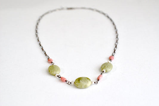 Pink and Moss Agate Necklace Sterling Chain