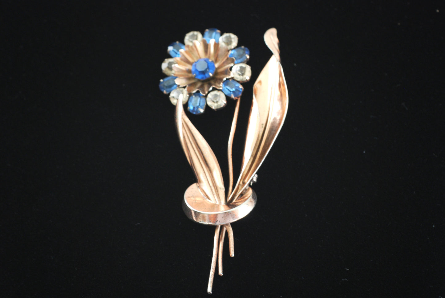 Sterling Vermeil Rhinestone Flower and Leaves Large Brooch