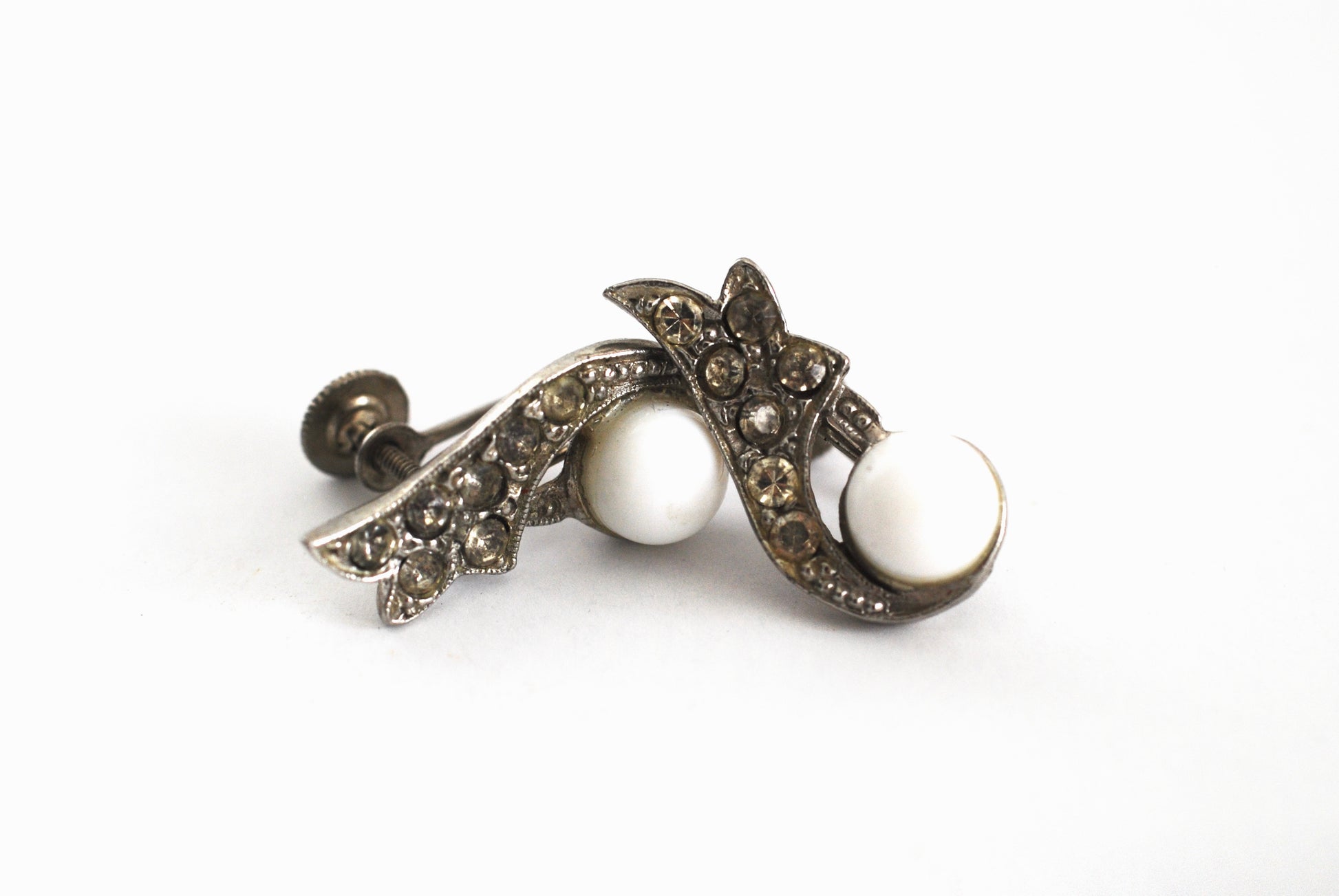 Vintage Rhodium, Milk Glass, Rhinestone Earrings