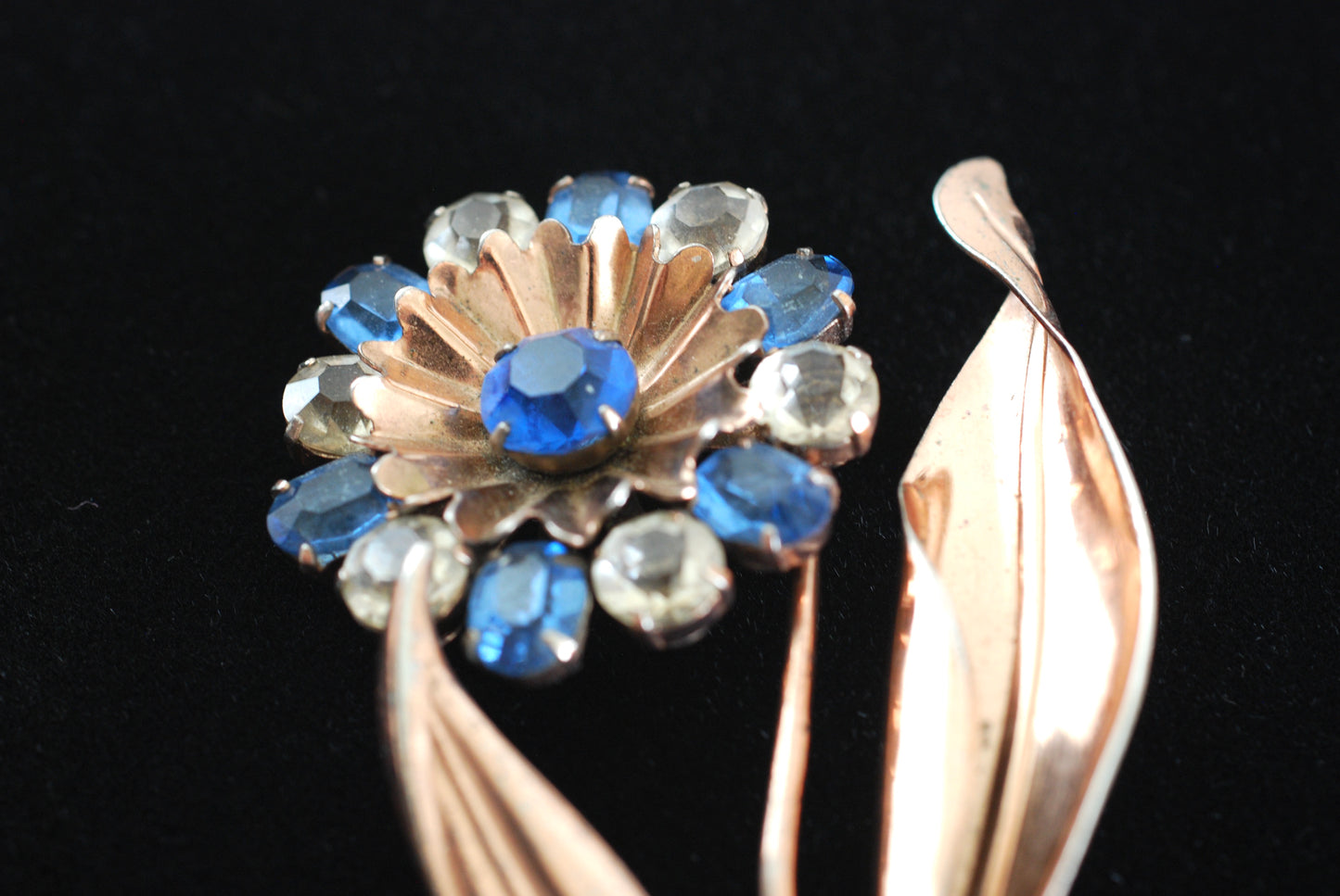 Sterling Vermeil Rhinestone Flower and Leaves Large Brooch