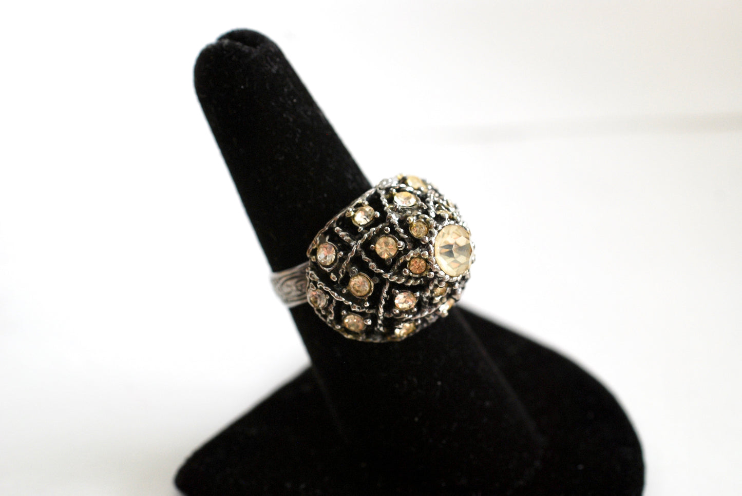 Vintage 1960's Large Domed Cocktail Ring Silver tone with Rhinestones Adjustable