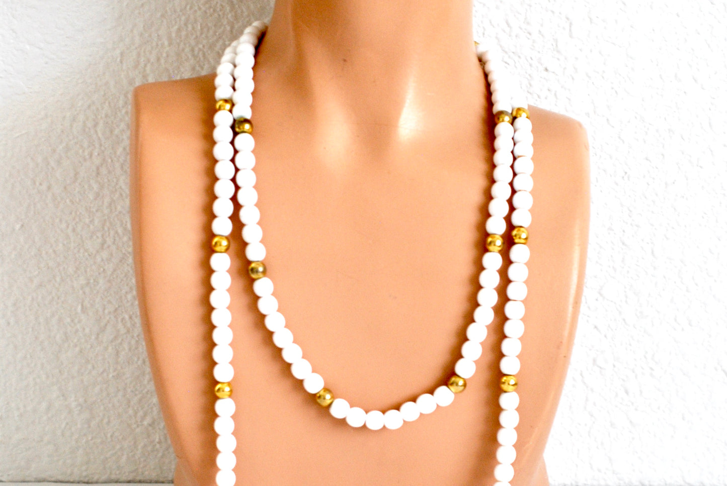 White and Gold Trifari Beaded Necklace Pair