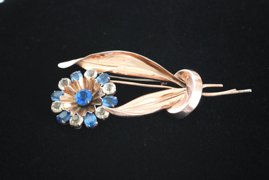 Sterling Vermeil Rhinestone Flower and Leaves Large Brooch