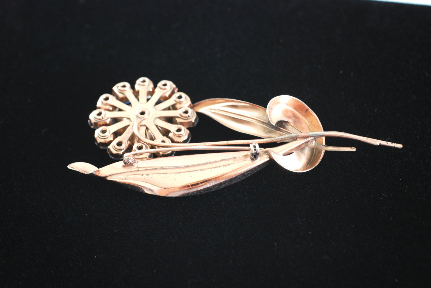Sterling Vermeil Rhinestone Flower and Leaves Large Brooch