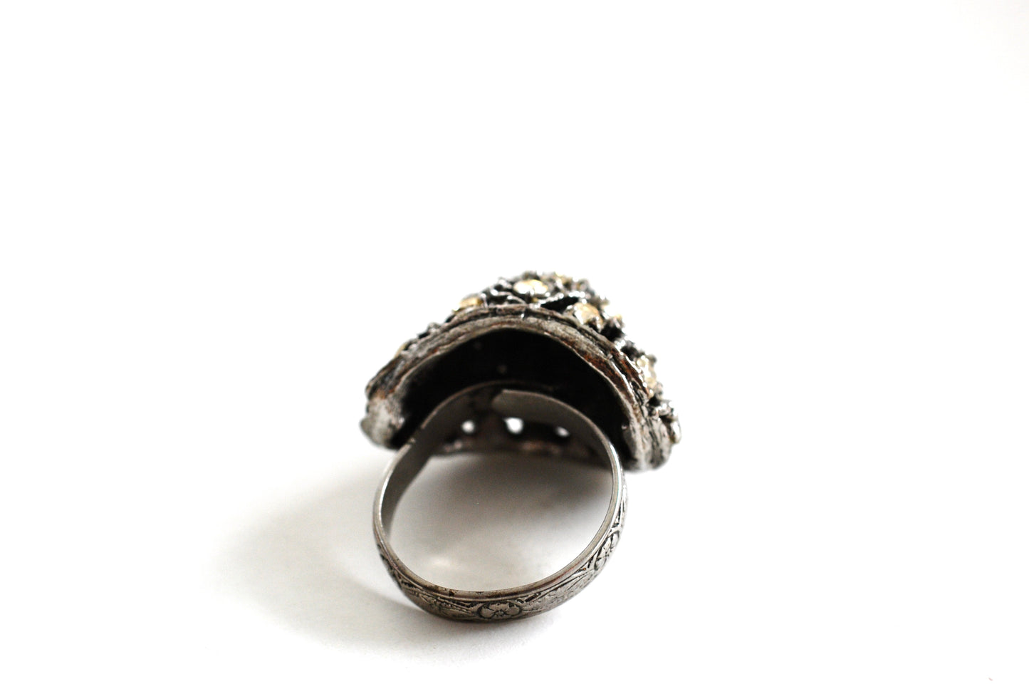 Vintage 1960's Large Domed Cocktail Ring Silver tone with Rhinestones Adjustable