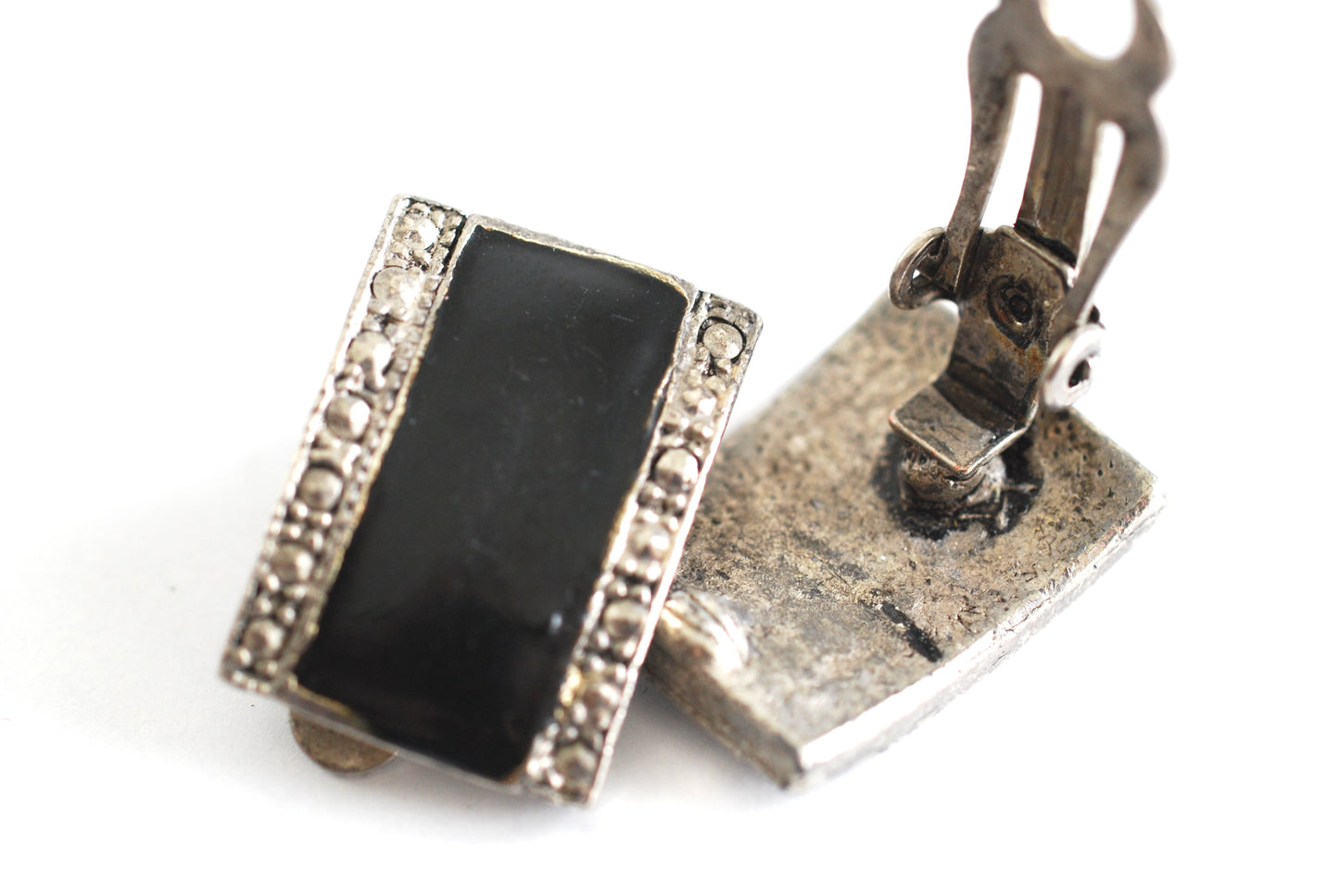 Vintage Black Enamel and Faux Marcasite Pewter Look Earrings
