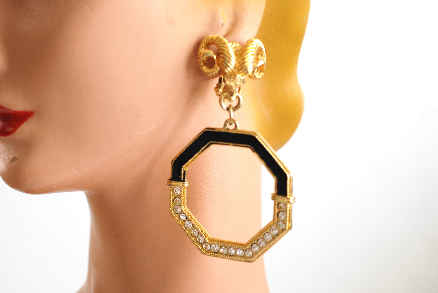 Door Knocker Earrings Rams Head Rhinestone and Black Enamel