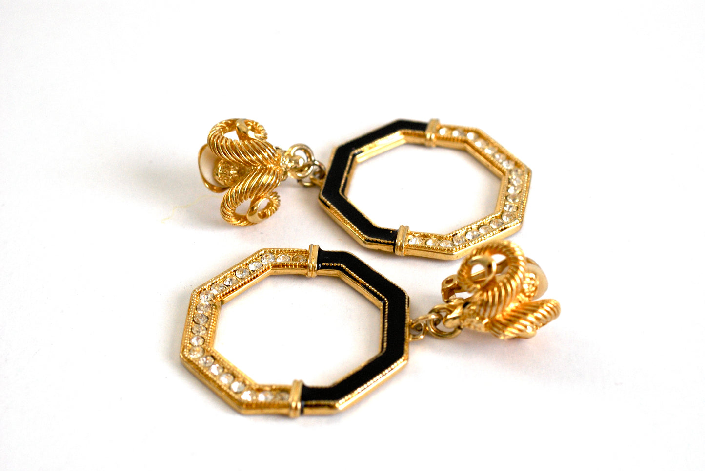 Door Knocker Earrings Rams Head Rhinestone and Black Enamel