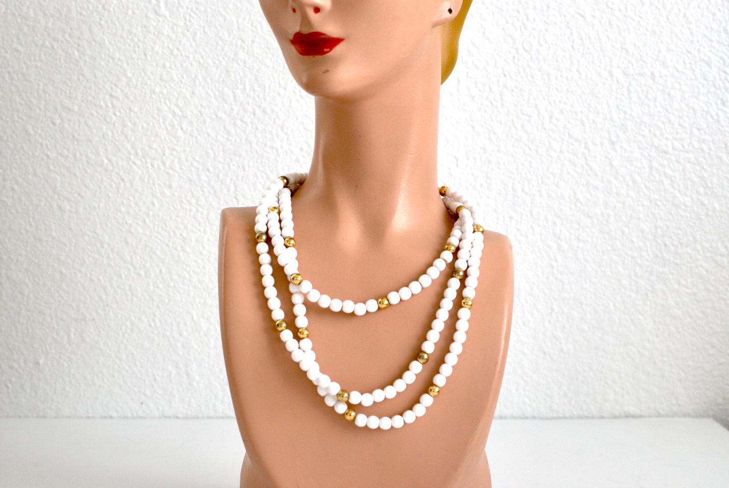 White and Gold Trifari Beaded Necklace Pair