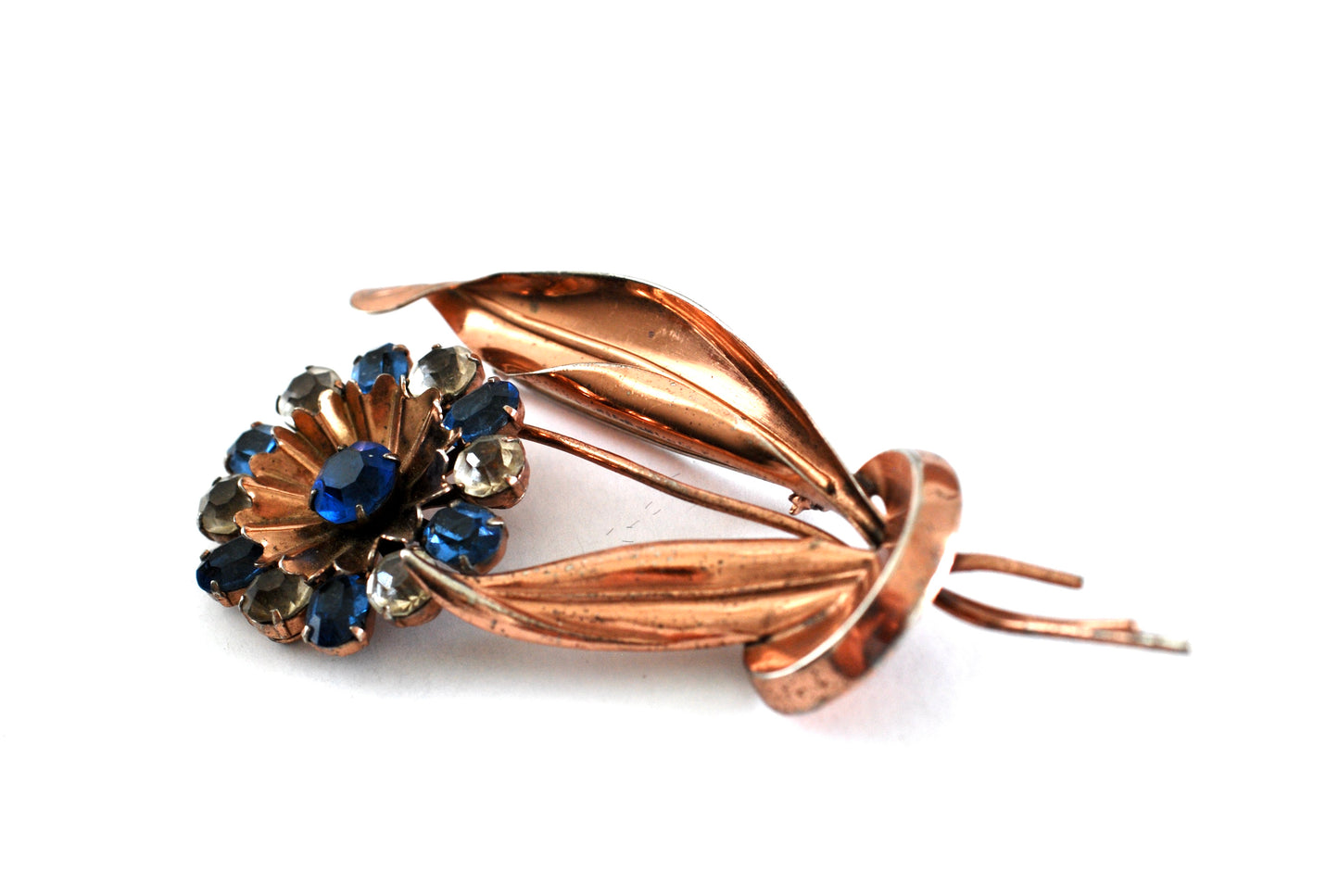 Sterling Vermeil Rhinestone Flower and Leaves Large Brooch