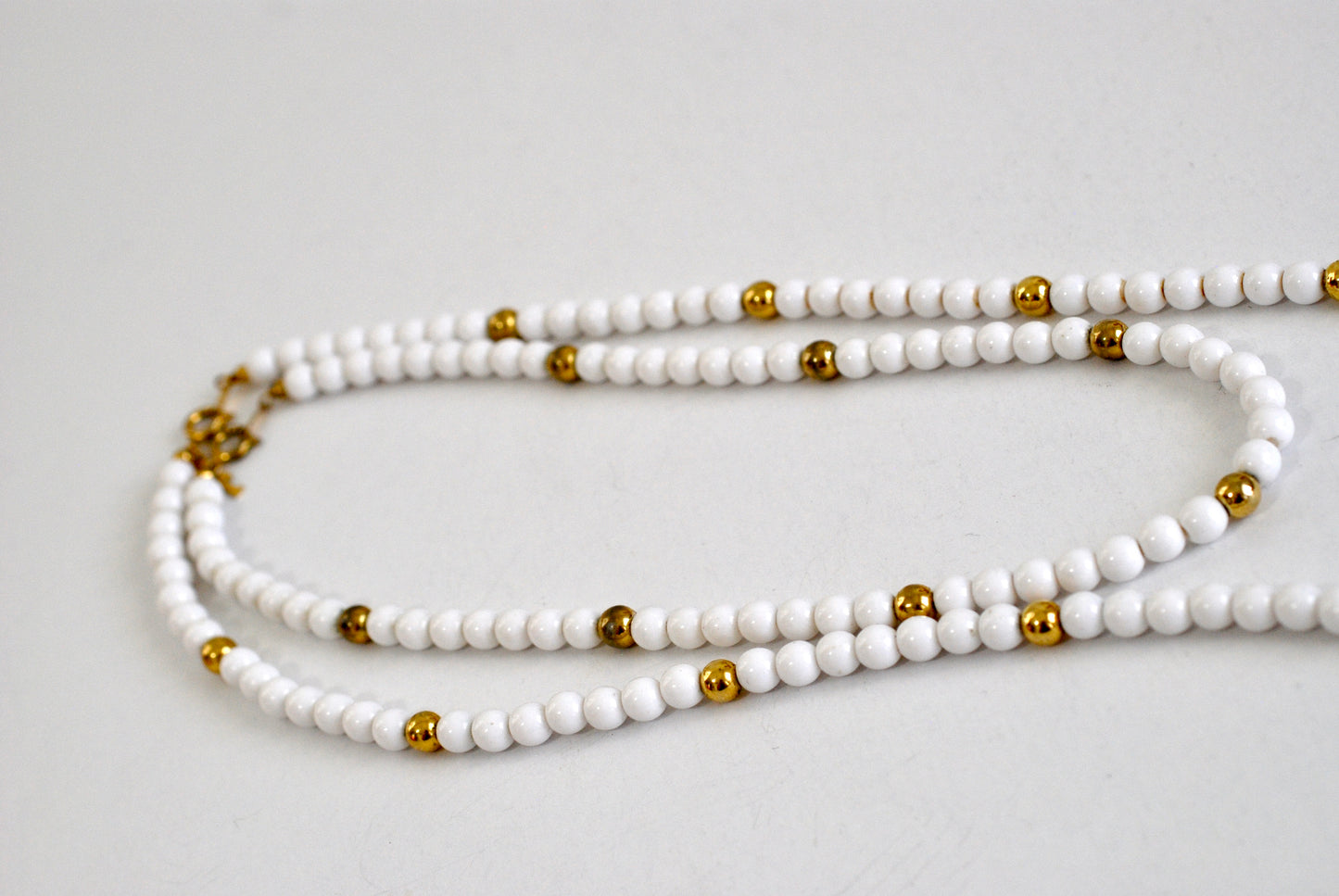 White and Gold Trifari Beaded Necklace Pair