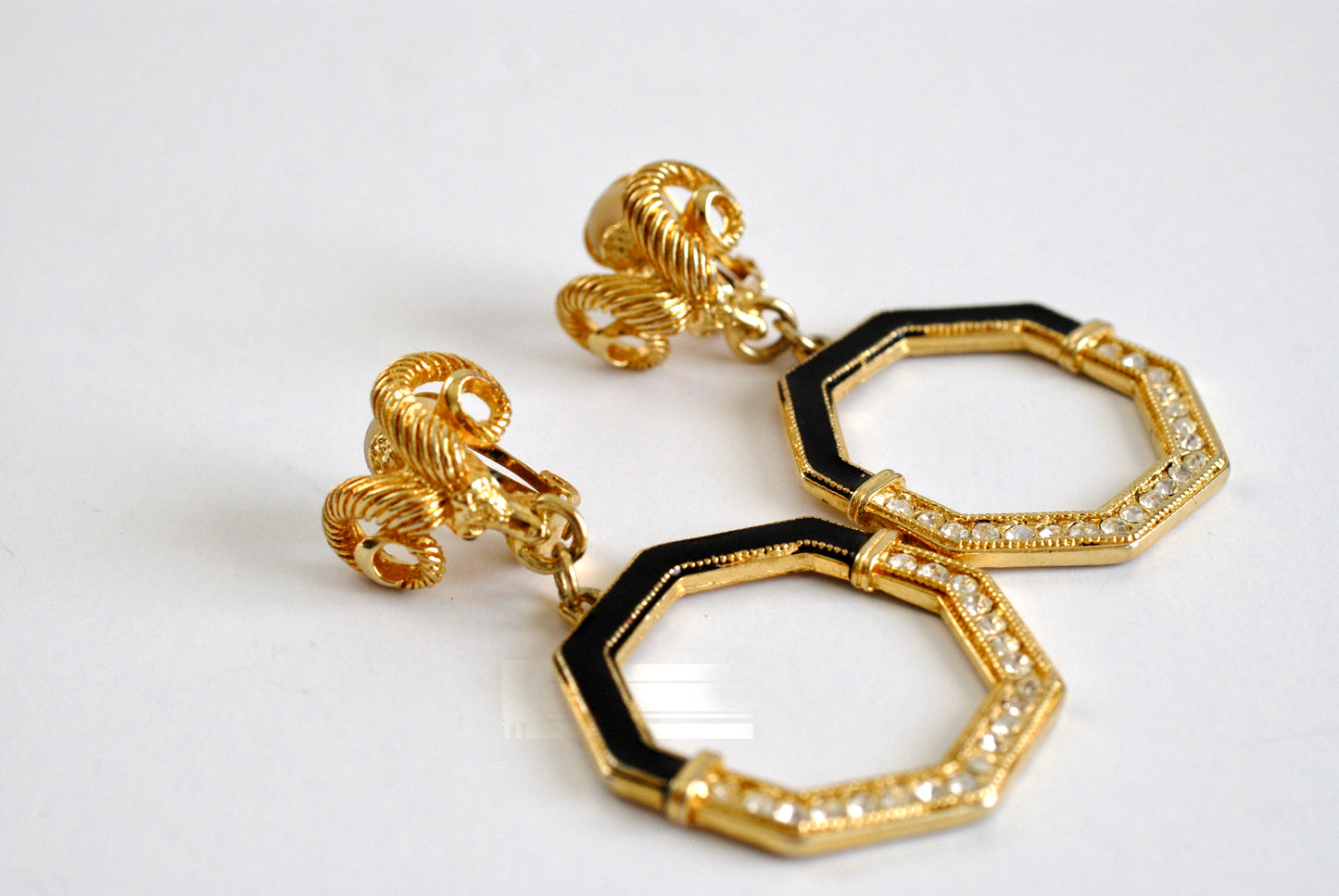 Door Knocker Earrings Rams Head Rhinestone and Black Enamel