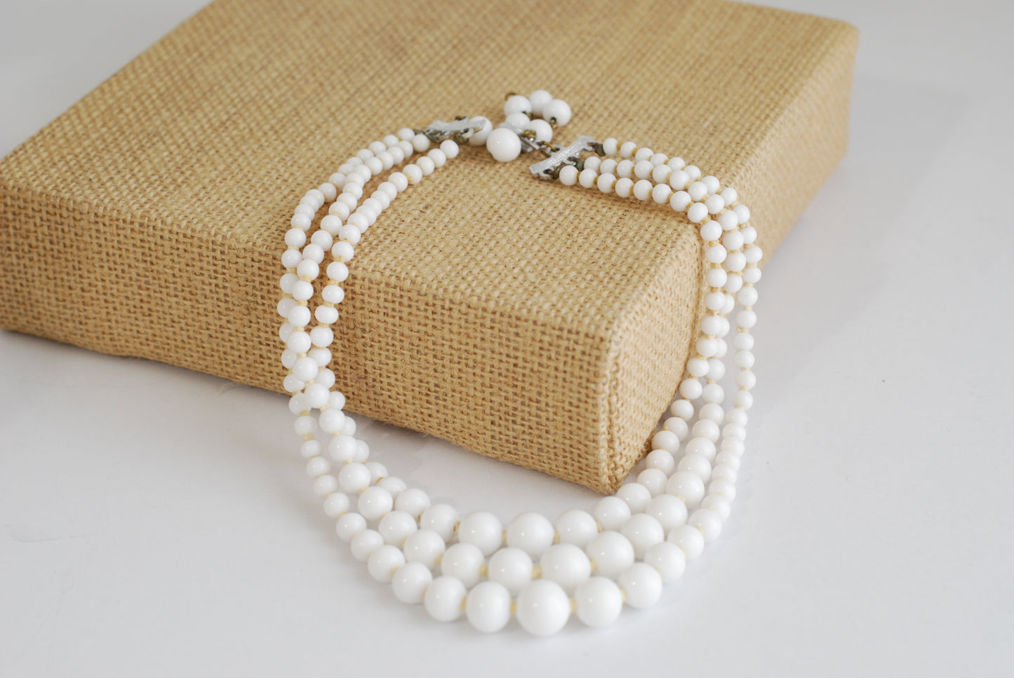 Vintage Three Strand Milk Glass Choker Necklace