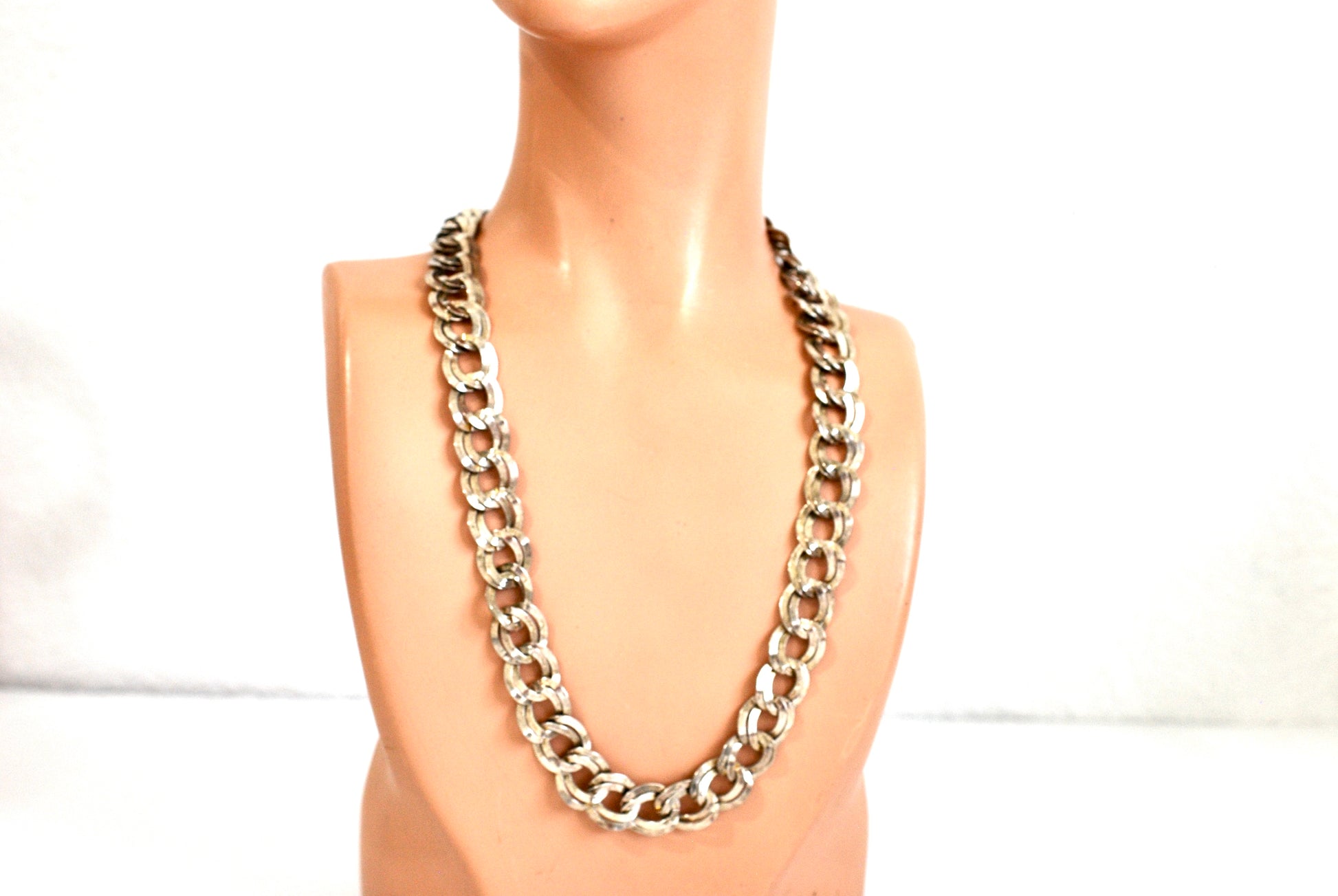 Large Double Link Silver Metal Chain Necklace 18"