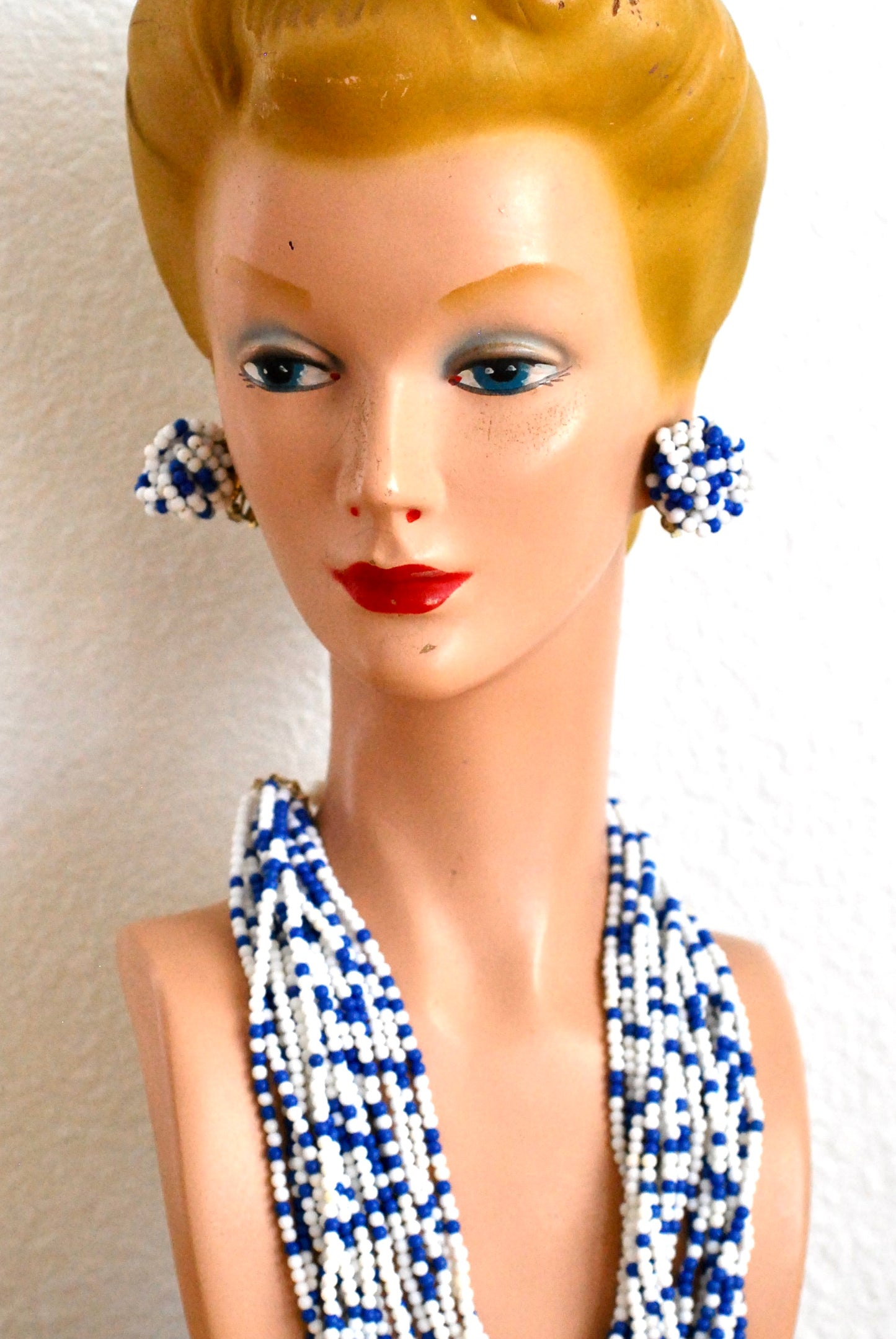 Vintage 1960s Blue and White Beaded Multi Strand Necklace with Matching Earrings