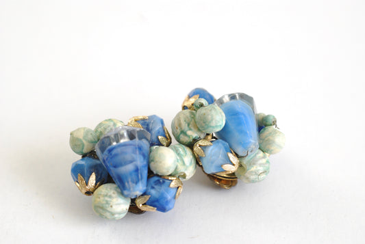 Vintage Blue Cluster Earrings Marked Hong Kong