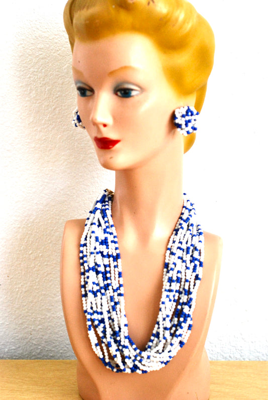 Vintage 1960s Blue and White Beaded Multi Strand Necklace with Matching Earrings