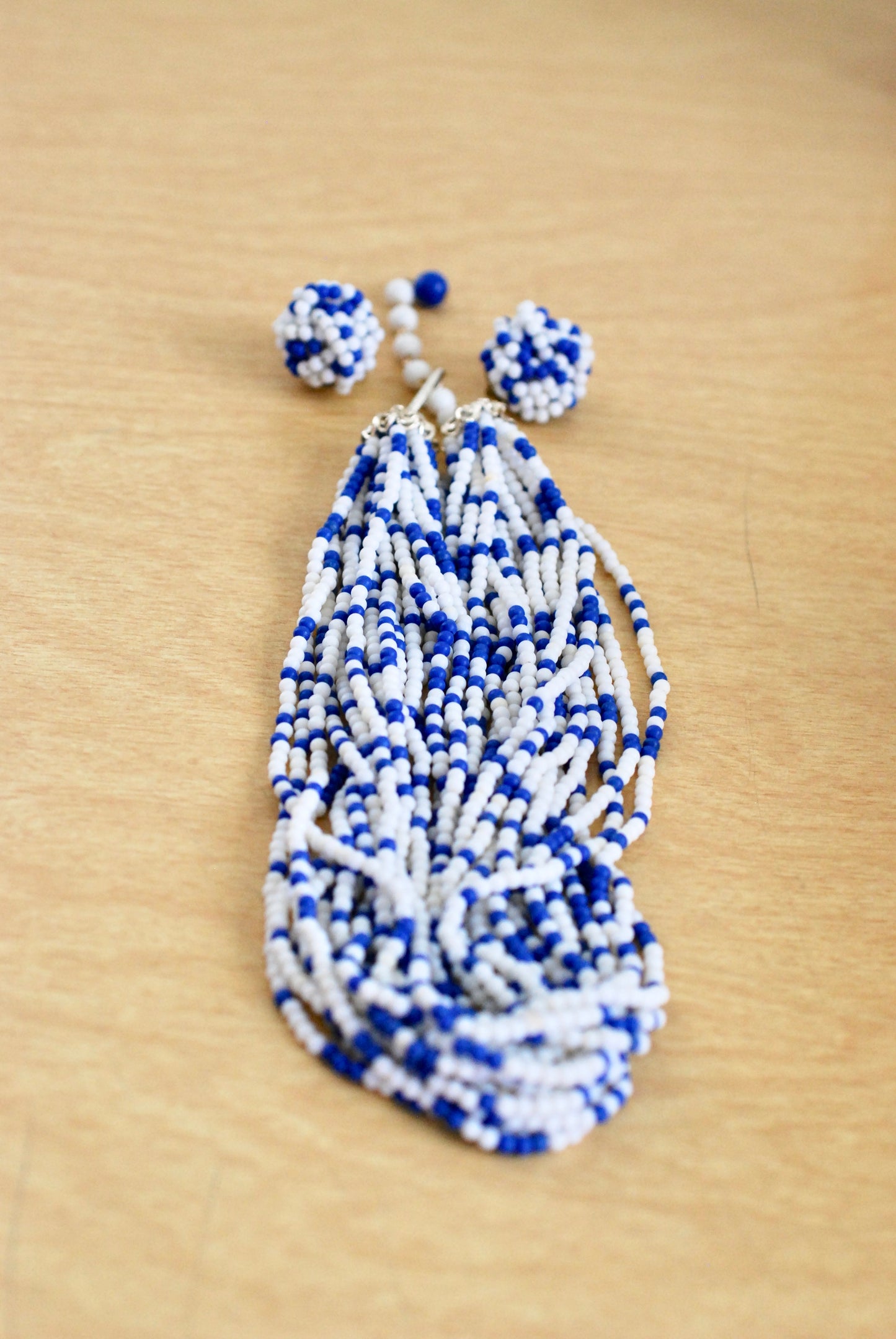 Vintage 1960s Blue and White Beaded Multi Strand Necklace with Matching Earrings