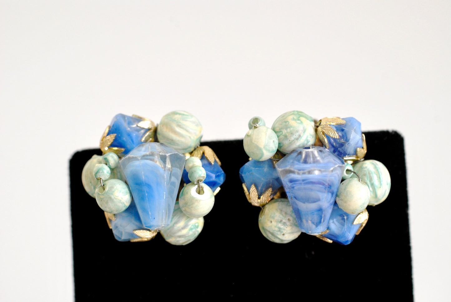 Vintage Blue Cluster Earrings Marked Hong Kong