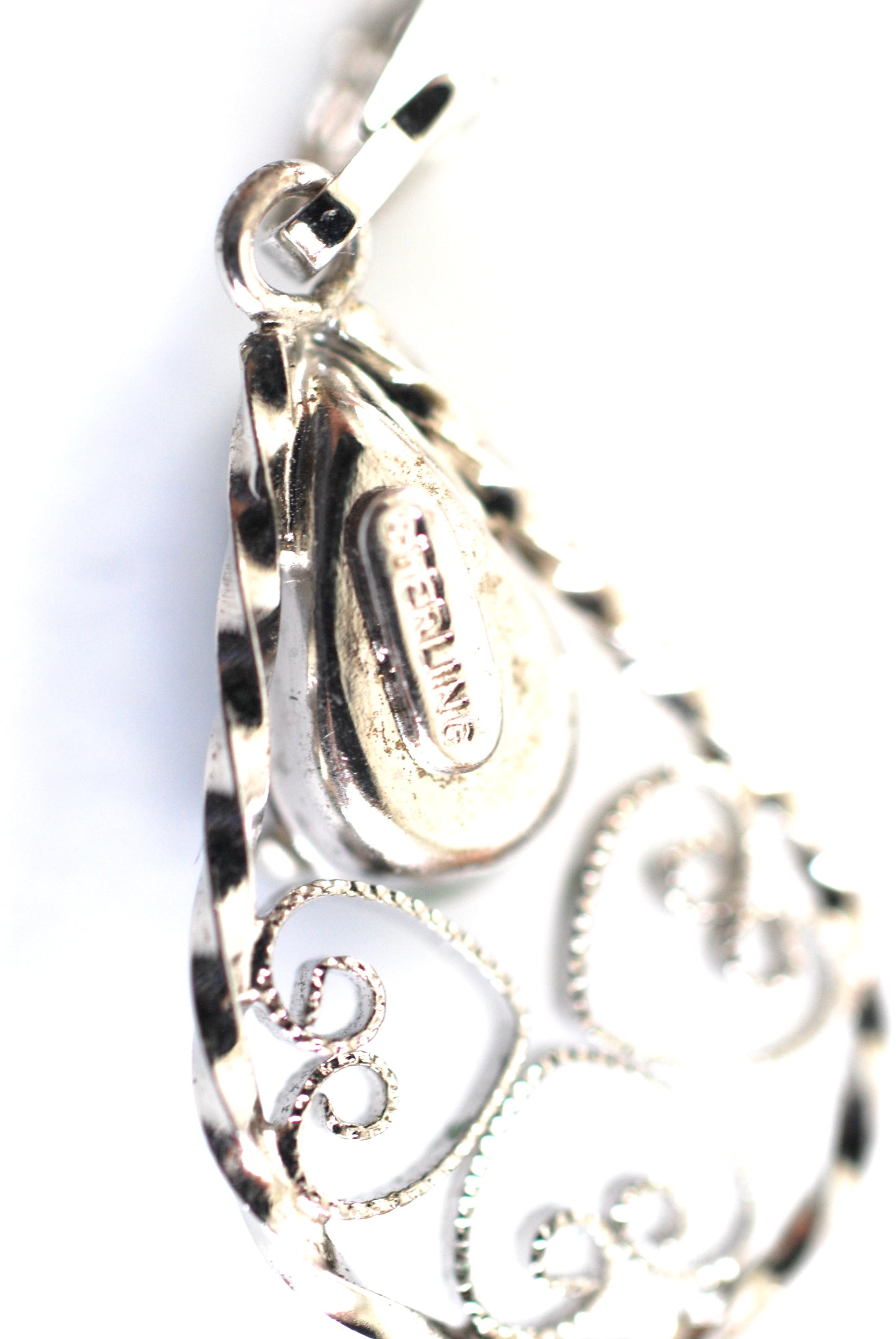 Sterling Silver Nephrite/Jadeite Filigree Teardrop Pendant Necklace