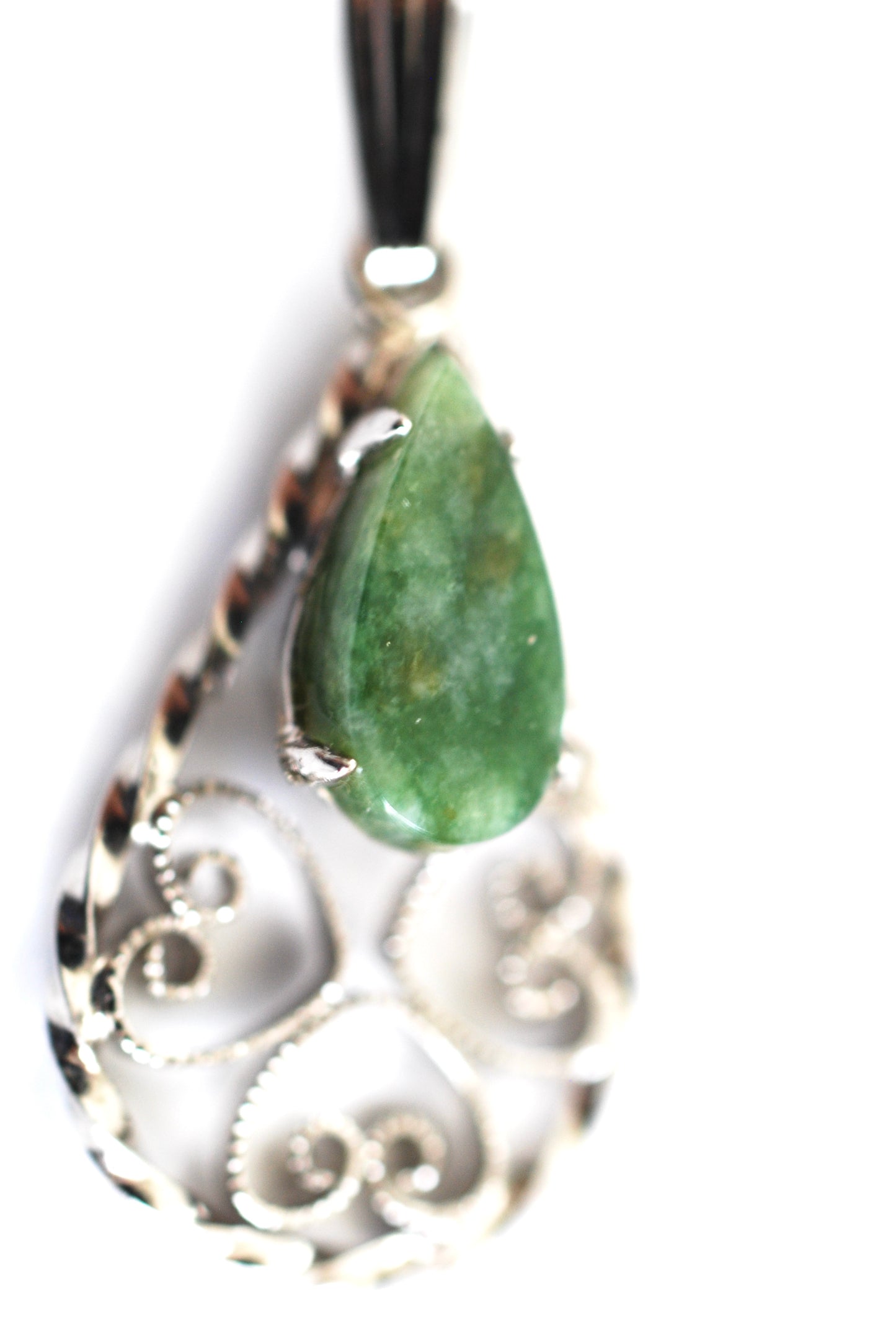 Sterling Silver Nephrite/Jadeite Filigree Teardrop Pendant Necklace